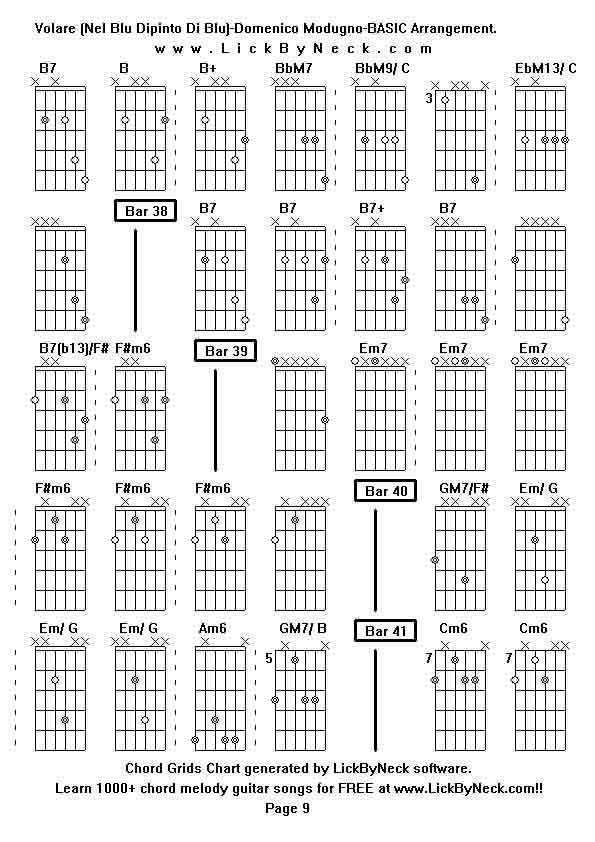 Chord Grids Chart of chord melody fingerstyle guitar song-Volare (Nel Blu Dipinto Di Blu)-Domenico Modugno-BASIC Arrangement,generated by LickByNeck software.